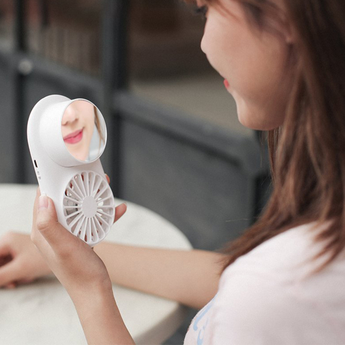 Mini ventilator portabil 3 in 1 Vitammy Dream Mist Mirror, functie de pulverizare fina, lampa cu oglinda integrata, snur pentru gat, incarcare USB, Alb [10]