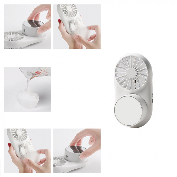 Mini ventilator portabil 3 in 1 Vitammy Dream Mist Mirror, functie de pulverizare fina, lampa cu oglinda integrata, snur pentru gat, incarcare USB, Alb [5]