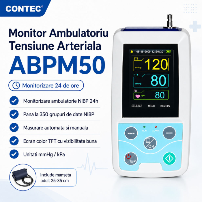 Monitor ambulatoriu de tensiune arteriala Contec ABPM50, de tip NIBP Holter, inregistrare 24 de ore, pana la 350 de grupuri de date NIBP, afisaj color TFT, functie gestionare alarme, manseta 25-35 cm [2]
