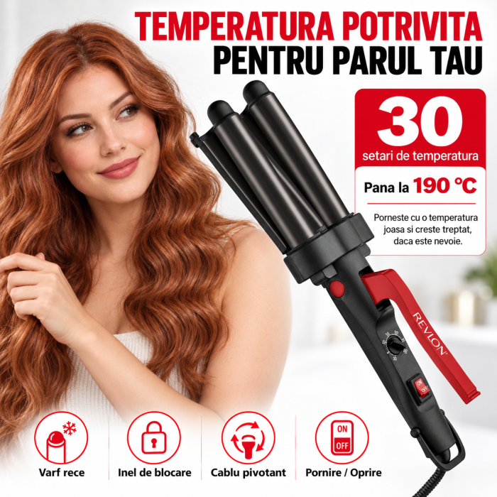 Ondulator REVLON Wave Master – Jumbo Waver RVIR3056UKE, 3 cilindri extra mari, 30 setari temperatura, invelis ceramic cu turmalina [6]