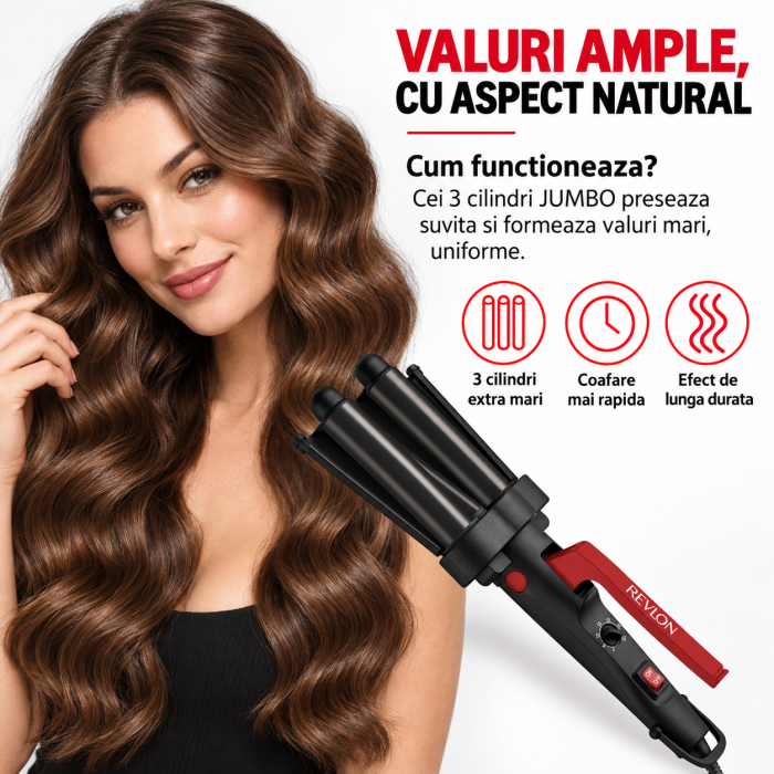Ondulator REVLON Wave Master – Jumbo Waver RVIR3056UKE, 3 cilindri extra mari, 30 setari temperatura, invelis ceramic cu turmalina [2]