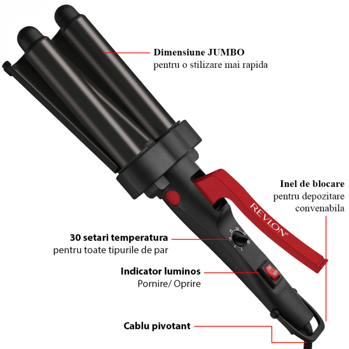 Ondulator REVLON Wave Master – Jumbo Waver RVIR3056UKE, 3 cilindri extra mari, 30 setari temperatura, invelis ceramic cu turmalina, resigilat [2]