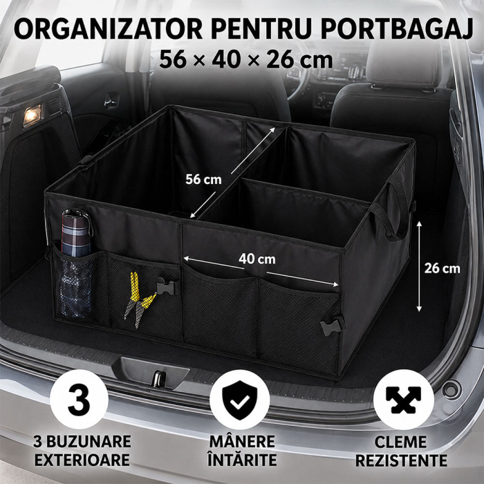 Organizator auto pentru portbagaj, din poliester gros rezistent si impermeabil, pliabil, 3 compartimente mari si 4 buzunare exterioare cu inchidere, 2 manere pentru transport, 56 x 40 x 26 cm [4]