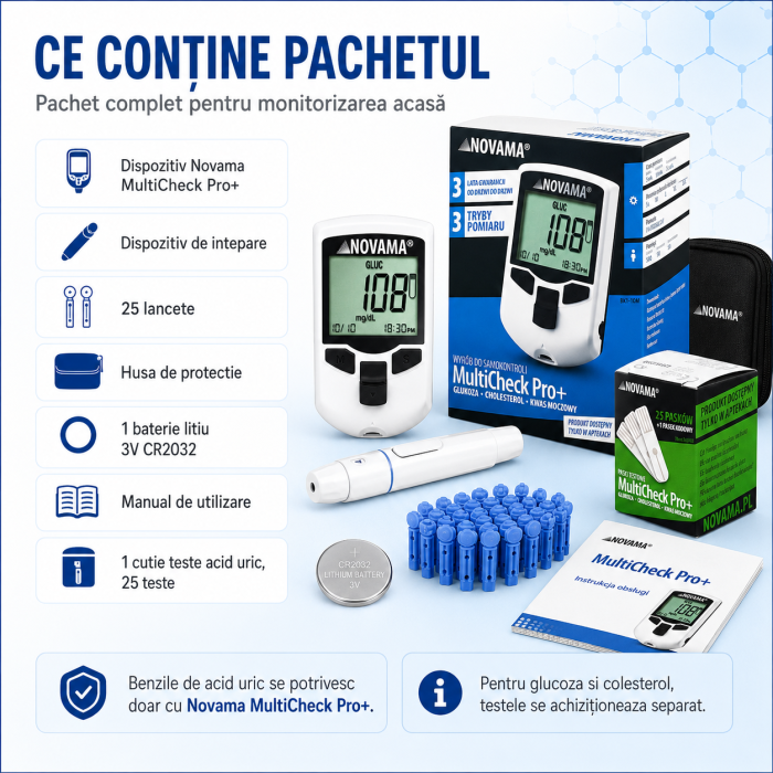 Pachet dispozitiv 3 in 1 pentru masurarea nivelului de glucoza, colesterol si acid uric Novama MultiCheck Pro + si teste acid uric, 25 teste/ cutie [5]