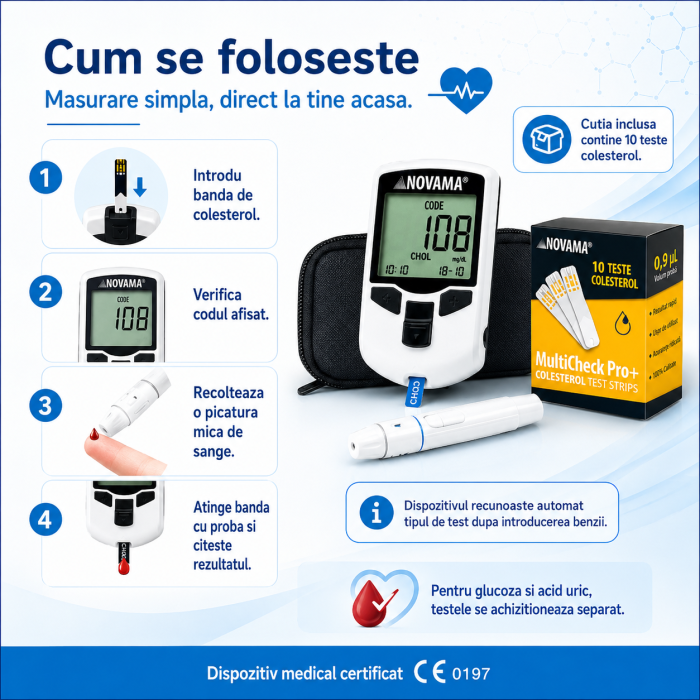 Pachet dispozitiv 3 in 1 pentru masurarea nivelului de glucoza, colesterol si acid uric Novama MultiCheck Pro + si teste colesterol, 10 teste/ cutie [4]