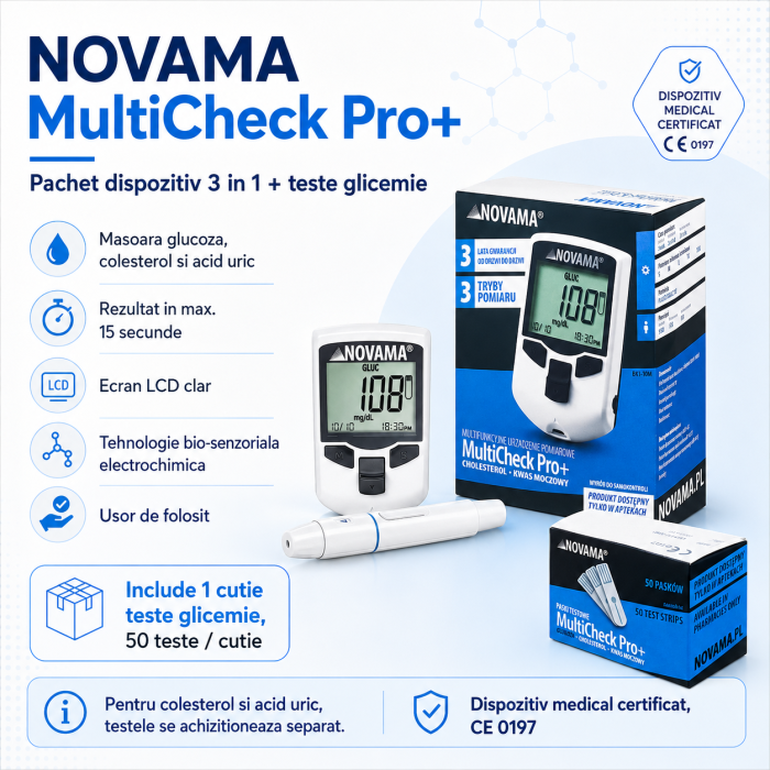Pachet dispozitiv 3 in 1 pentru masurarea nivelului de glucoza, colesterol si acid uric Novama MultiCheck Pro + si teste glicemie, 50 teste/ cutie [2]