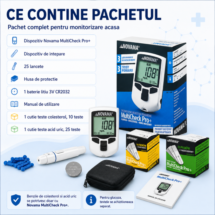 Pachet dispozitiv 3 in 1 pentru masurarea nivelului de glucoza, colesterol si acid uric Novama MultiCheck Pro +, teste colesterol si acid uric [5]