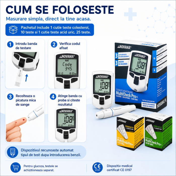 Pachet dispozitiv 3 in 1 pentru masurarea nivelului de glucoza, colesterol si acid uric Novama MultiCheck Pro +, teste colesterol si acid uric [4]