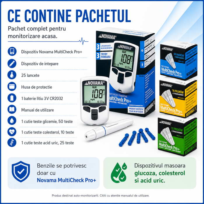Pachet dispozitiv 3 in 1 pentru masurarea nivelului de glucoza, colesterol si acid uric Novama MultiCheck Pro +, teste colesterol, teste glicemie, teste acid uric [5]