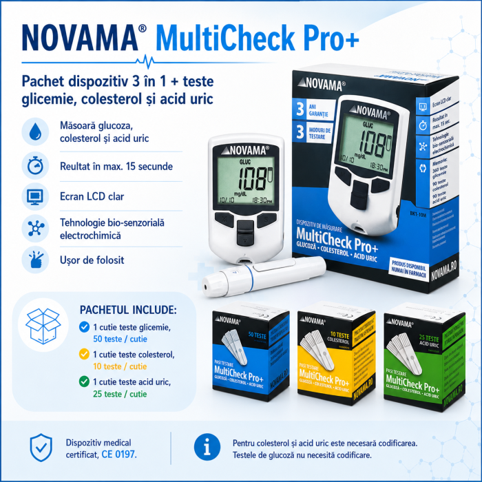 Pachet dispozitiv 3 in 1 pentru masurarea nivelului de glucoza, colesterol si acid uric Novama MultiCheck Pro +, teste colesterol, teste glicemie, teste acid uric [2]