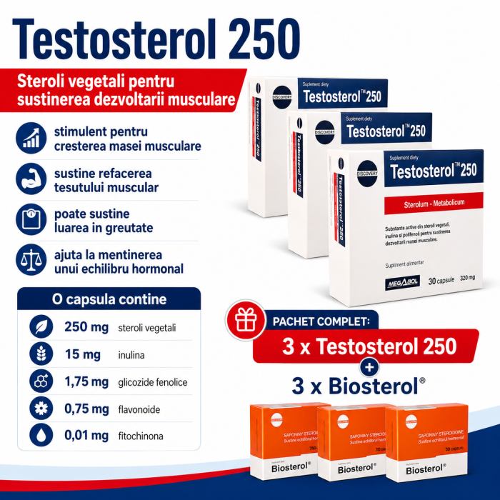 Pachet Megabol Biosterol, 3 buc plus Testosterol 3 buc, stimulare testosteron si hormon de crestere, inhibare estrogen [3]