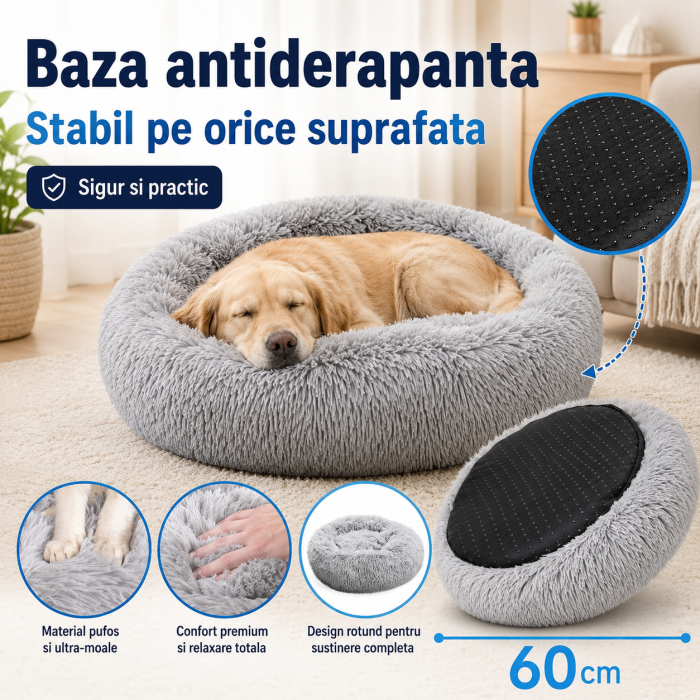 Pat pentru animale, material moale si plusat, baza antiderapanta, 60 cm diametru, Gri [4]