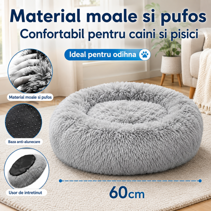 Pat pentru animale, material moale si plusat, baza antiderapanta, 60 cm diametru, Gri [2]