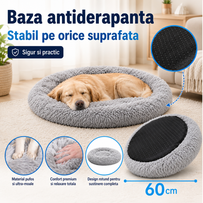 Pat pentru animale, material moale si plusat, baza antiderapanta, 60 cm diametru, Gri [4]