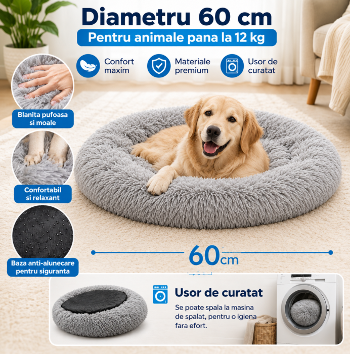 Pat pentru animale, material moale si plusat, baza antiderapanta, 60 cm diametru, Gri [3]