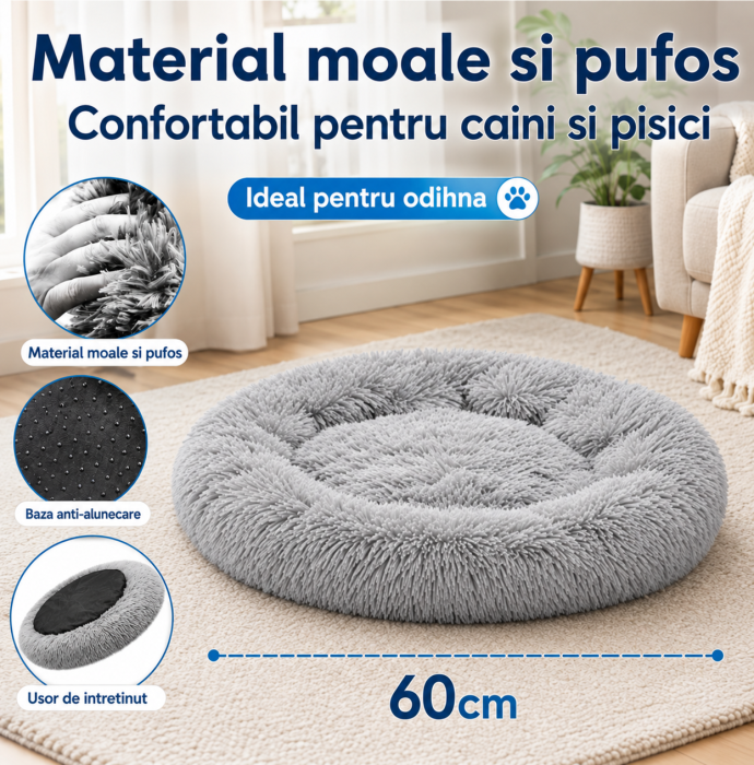 Pat pentru animale, material moale si plusat, baza antiderapanta, 60 cm diametru, Gri [2]