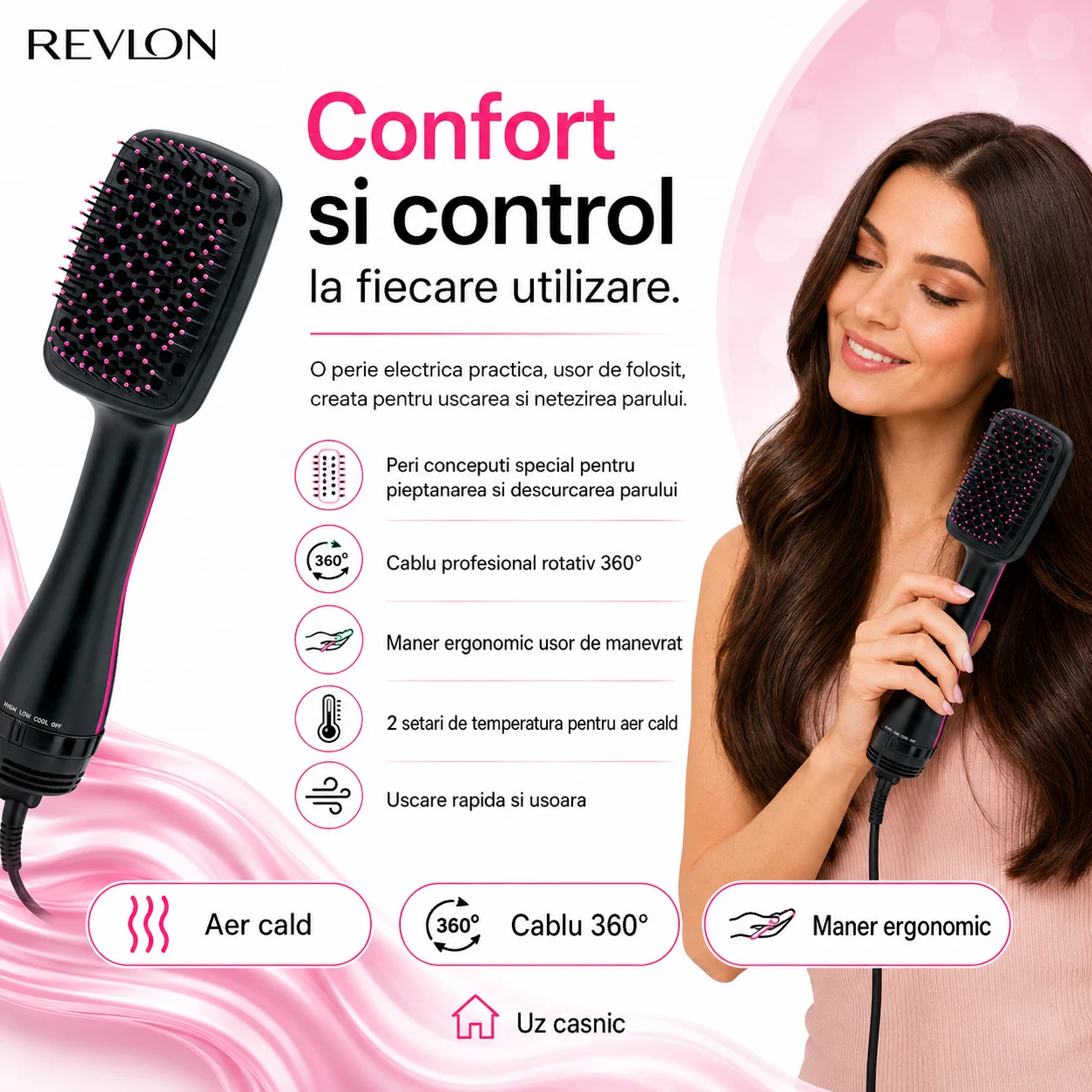 Perie electrica de par REVLON One-Step Hair Dryer & Styler, RVDR5212E2, ionizare, 2 trepte de temperatura [2]