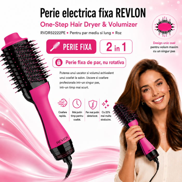 Perie electrica fixa REVLON One-Step Hair Dryer & Volumizer, RVDR5222PE, pentru par mediu si lung, Roz [2]