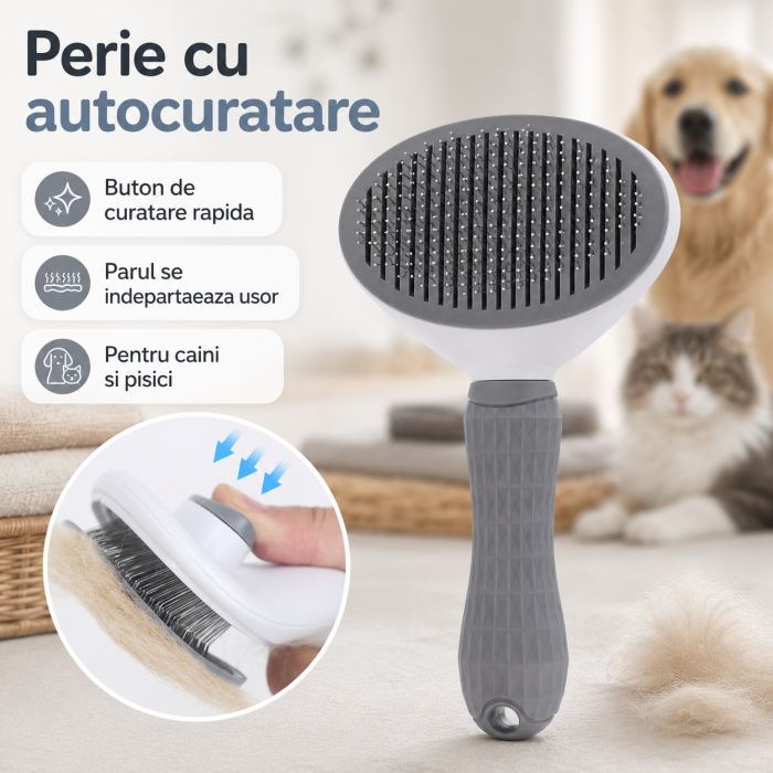 Perie pentru indepartarea parului de animale, cu autocuratare, ace groase cu capete rotunjite, maner antiderapant, sigur si eficient, Gri [2]