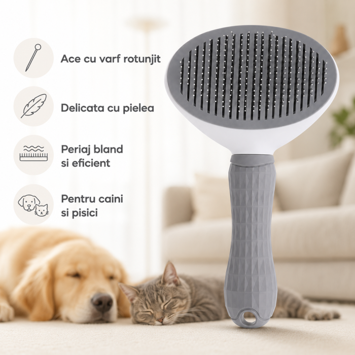 Perie pentru indepartarea parului de animale, cu autocuratare, ace groase cu capete rotunjite, maner antiderapant, sigur si eficient, Gri [3]