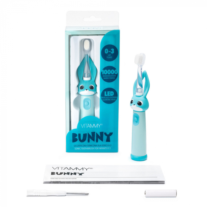 Periuta de dinti electrica Vitammy Bunny Light Blue, pentru copii 0-3 ani, cu lumina LED, 24.000 de miscari/min, 2 programe de periaj, fibre nano [9]