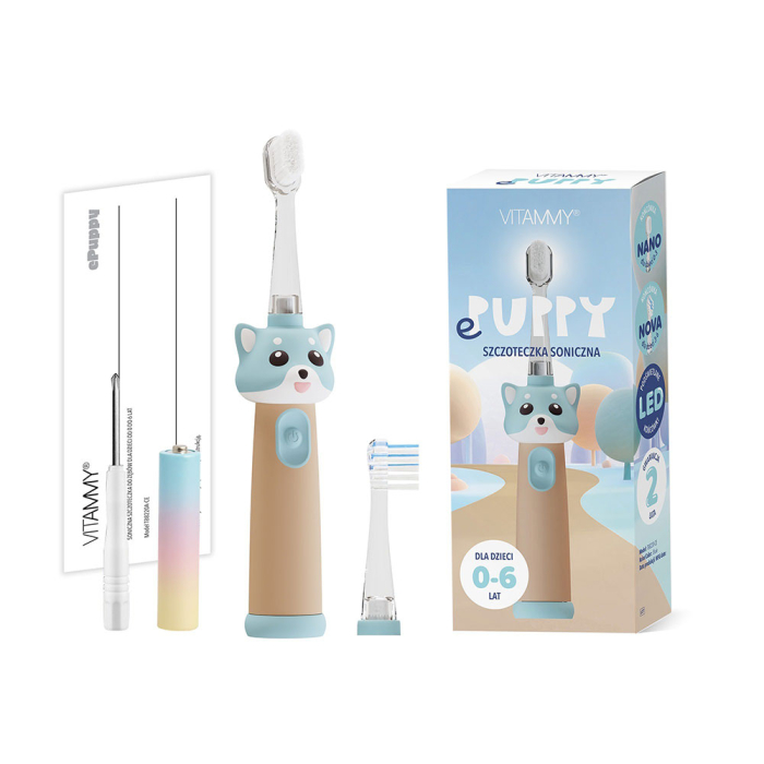 Periuta de dinti electrica Vitammy ePUPPY, pentru copii 0-6 ani, cu lumina LED, 24.000 de miscari sonice/min, 2 capete periuta incluse, 2 moduri de functionare, timer, Bleu [6]