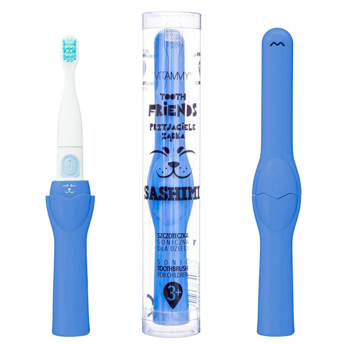 Periuta de dinti electrica Vitammy Tooth Friends, pentru copii 3+, animatie Sashimi, tehnologie IPX6, 26.000 vibratii pe minut, 2 moduri de periaj, Bleumarin [5]