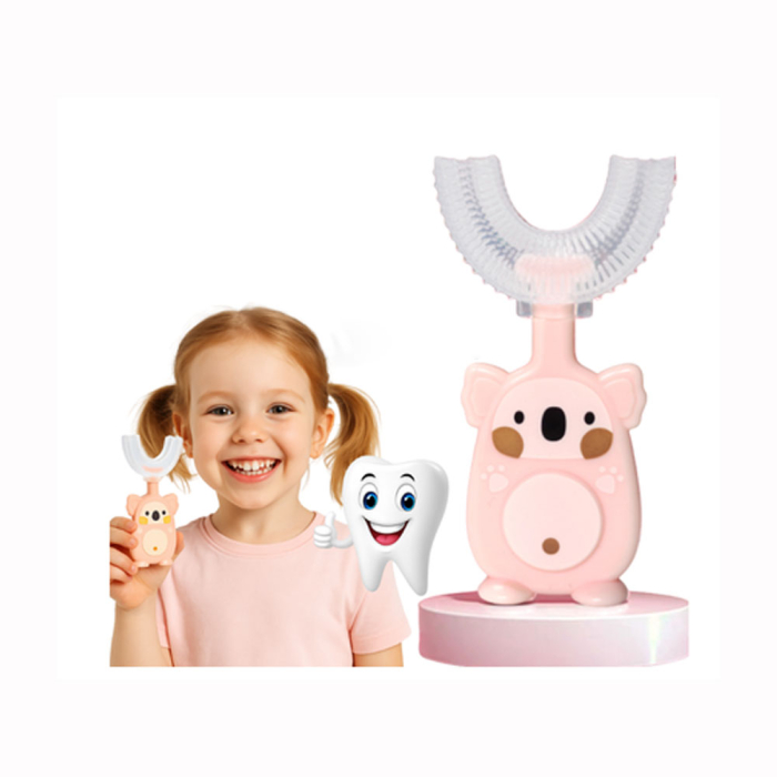 Periuta de dinti U Shape, pentru copii 2-6 ani, design tip urs, cap silicon 360°, fara BPA, etui, Roz [2]