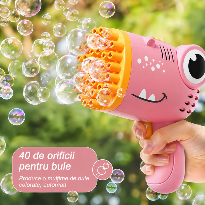 Pistol automat de facut baloane de sapun, 40 de orificii, portabil, compact, forma crocodil, Roz [4]