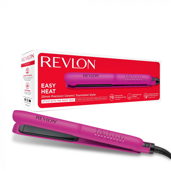 Placa de indreptat parul Revlon Easy Heat RVST2217E, tehnologie cu turmalina ceramica, 5 setari de temperatura cu ghidaj inteligent TruGuard, placi de 100 mm lungime si 25 mm latime [1]