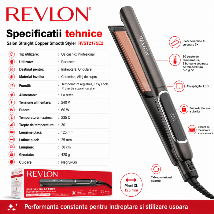 Placa de indreptat parul REVLON Salon Straight Copper Smooth Styler RVST2175E2, afisaj LCD [3]