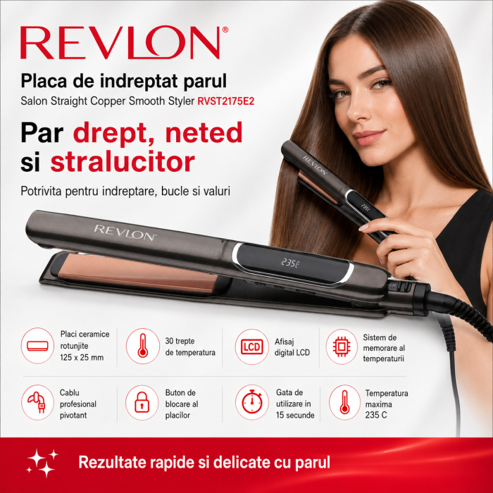 Placa de indreptat parul REVLON Salon Straight Copper Smooth Styler RVST2175E2, afisaj LCD [2]