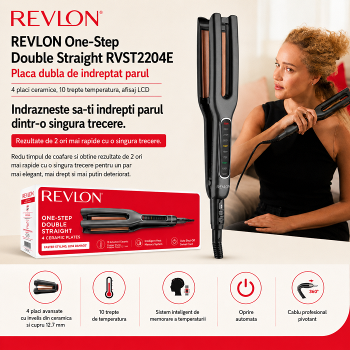 Placa dubla de indreptat parul REVLON One-Step Double Straight RVST2204E, 4 placi ceramice, 10 trepte temperatura, afisaj LCD [2]