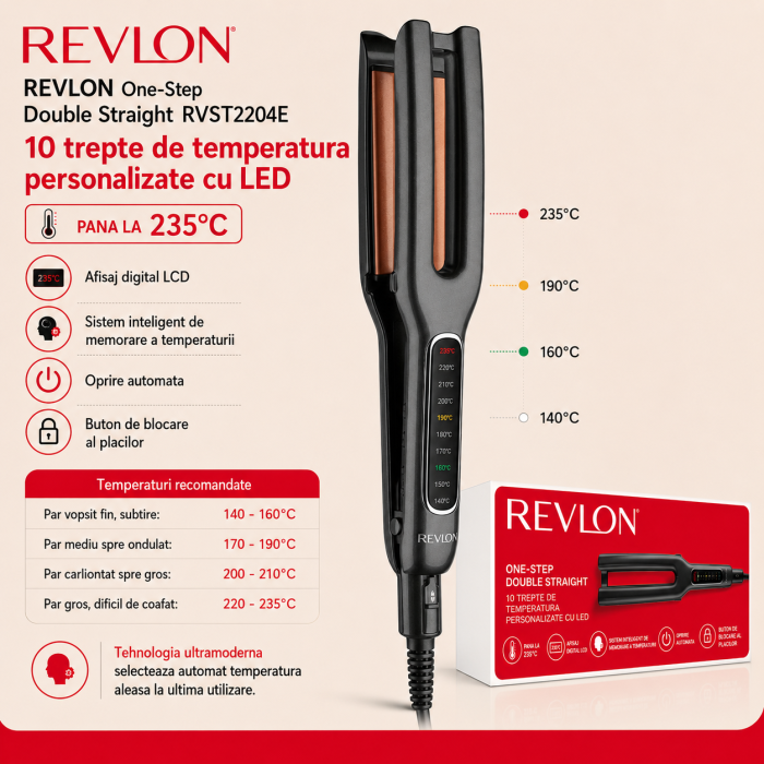 Placa dubla de indreptat parul REVLON One-Step Double Straight RVST2204E, 4 placi ceramice, 10 trepte temperatura, afisaj LCD [3]