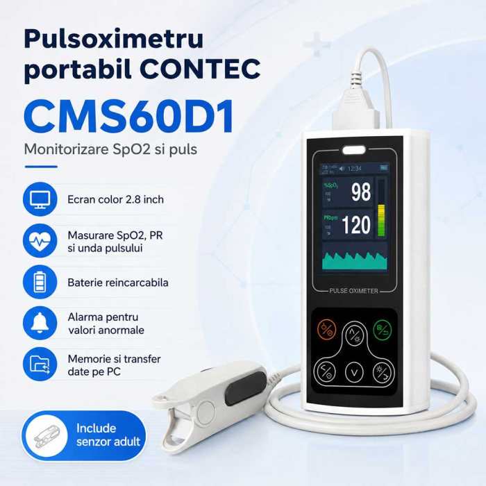 Pulsoximetru portabil Contec CMS60D1, masurare saturatie oxigen si rata pulsului, baterie reincarcabila, software pentru date stocate pe PC in timp real, functie alarma, senzor adulti [4]