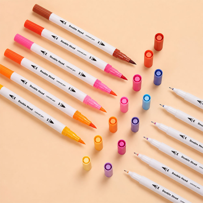 Set 60 markere acuarelabile cu doua capete de 0.4 mm si 1-2 mm, varf tip pensula si varf subtire, pentru ilustratii, notite, caligrafie si proiecte artistice, cerneala pe baza de apa, etui cu maner [2]