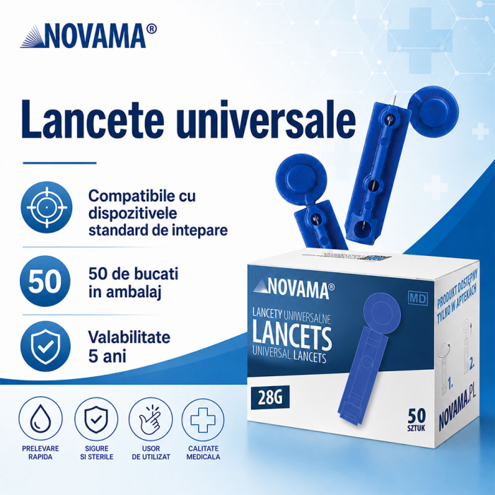 Set 50 ace de intepare (lancete) Novama Lancets, sterile, compatibile cu dispozitivele standard de intepare, din otel inoxidabil chirurgical, grosime ac 28 G [2]