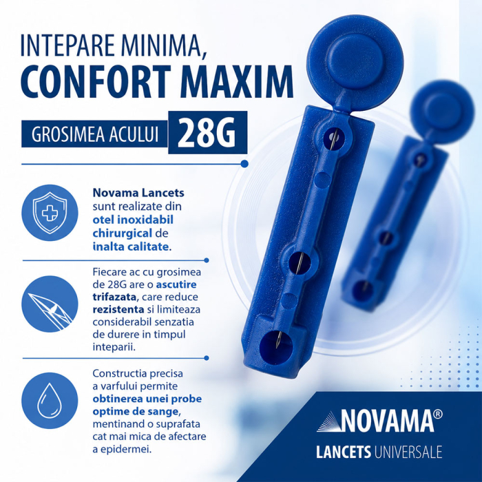 Set 50 ace de intepare (lancete) Novama Lancets, sterile, compatibile cu dispozitivele standard de intepare, din otel inoxidabil chirurgical, grosime ac 28 G [4]