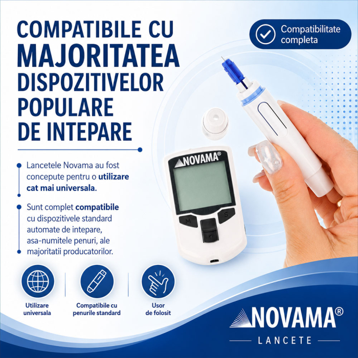 Set 50 ace de intepare (lancete) Novama Lancets, sterile, compatibile cu dispozitivele standard de intepare, din otel inoxidabil chirurgical, grosime ac 28 G [3]
