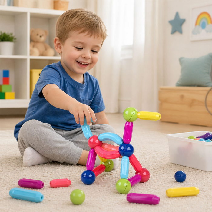 Set de constructie educational Magnetic Sticks, 64 piese magnetice, dezvolta creativitatea si abilitatile manuale ale copiilor, 16 piese scurte, 22 piese lungi, 18 bile, 8 arcuri [3]