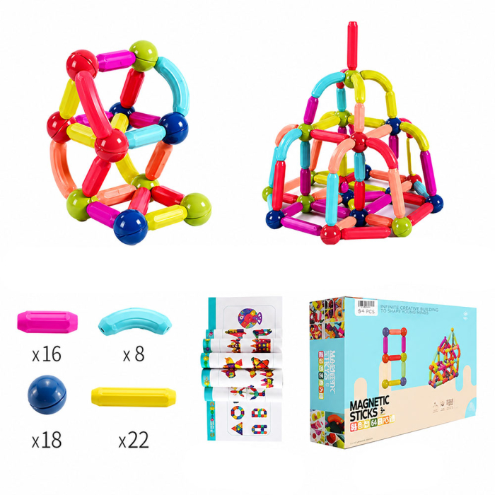 Set de constructie educational Magnetic Sticks, 64 piese magnetice, dezvolta creativitatea si abilitatile manuale ale copiilor, 16 piese scurte, 22 piese lungi, 18 bile, 8 arcuri [6]