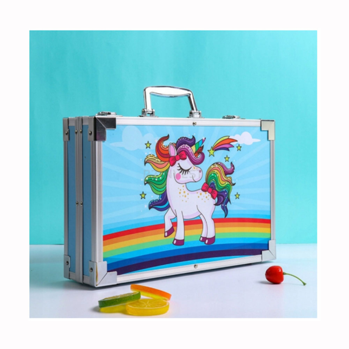 Set desen copii 145 piese, valiza portabila, creioane, carioci, acuarele, acrilice, pensule, ascutitoare, radiere, unicorn, Albastru [8]