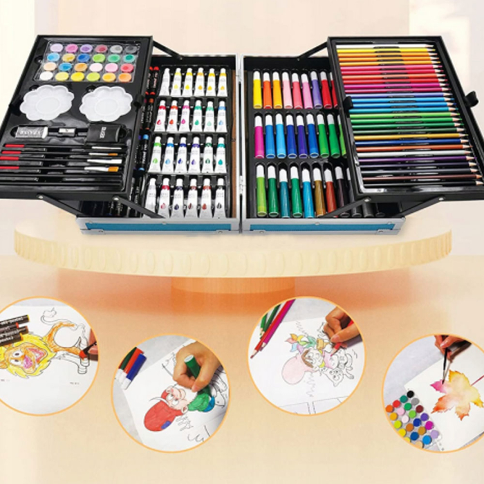 Set desen copii 145 piese, valiza portabila, creioane, carioci, acuarele, acrilice, pensule, ascutitoare, radiere, unicorn, Albastru [3]