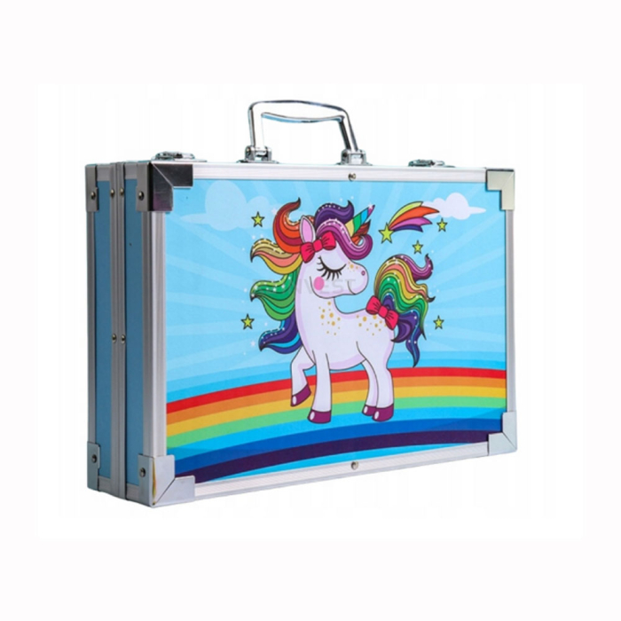 Set desen copii 145 piese, valiza portabila, creioane, carioci, acuarele, acrilice, pensule, ascutitoare, radiere, unicorn, Albastru [2]