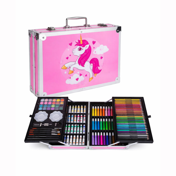 Set desen copii 145 piese, valiza portabila, creioane, carioci, acuarele, acrilice, pensule, ascutitoare, radiere, unicorn, Roz [1]