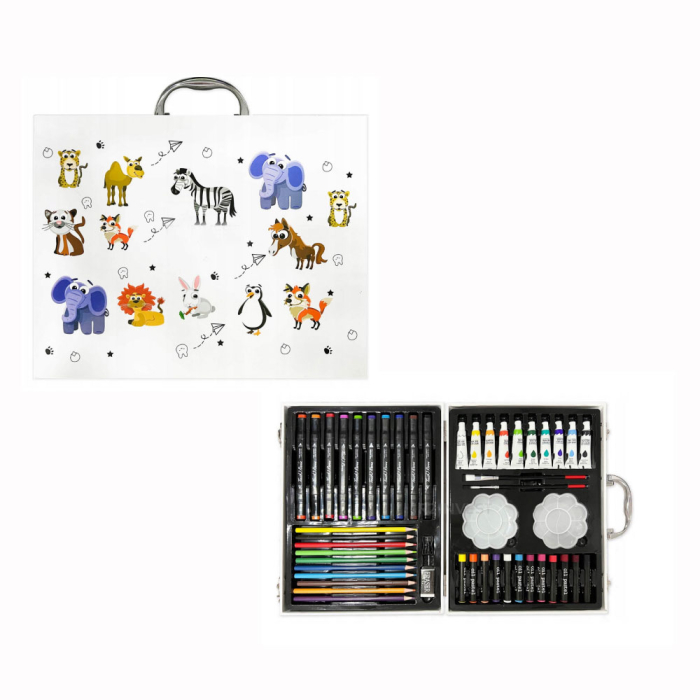 Set desen copii 68 piese, valiza portabila, tuburi vopsea, carioci, pensule, palete, creioane colorate, ascutitoare, radiera, carte de colorat, model animale [1]