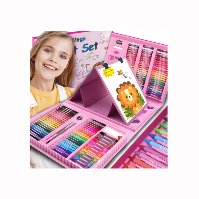 Set desen copii Super Mega Art Set, 208 piese, valiza portabila , markere, creioane colorate, acuarele, carioci, agrafe, ascutitoare, radiera, Roz [4]