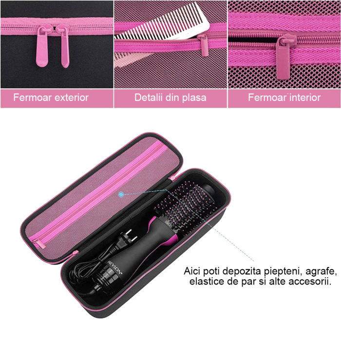 Set perie electrica fixa REVLON One-Step Hair Dryer & Volumizer RVDR5222PE roz si geanta transport RedLine Case One [12]