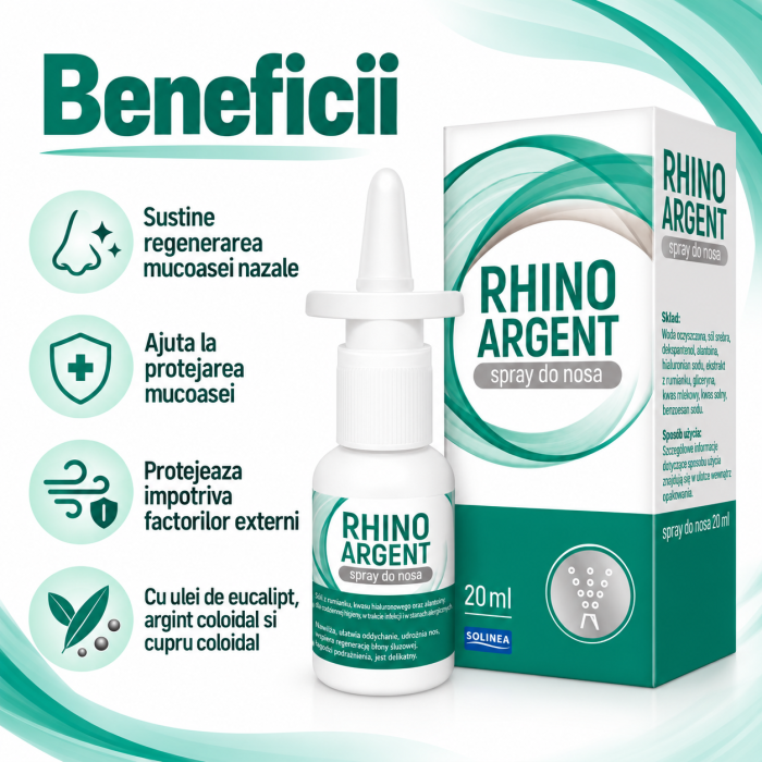 Spray nazal Solinea Rhinoargent, dispozitiv medical cu argint coloidal, cupru coloidal si ulei de eucalipt, protectia si regenerarea mucoasei nazale, copii si adulti, 20 ml [4]