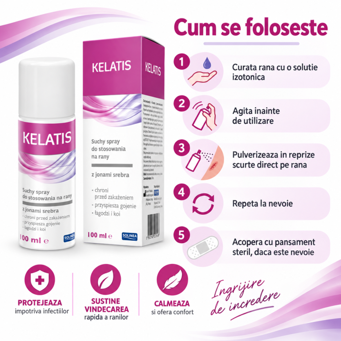 Spray pentru rani Solinea Kelatis, pulbere minerala absorbanta cu 2,5% argint ionic, dispozitiv medical, 100 ml [3]